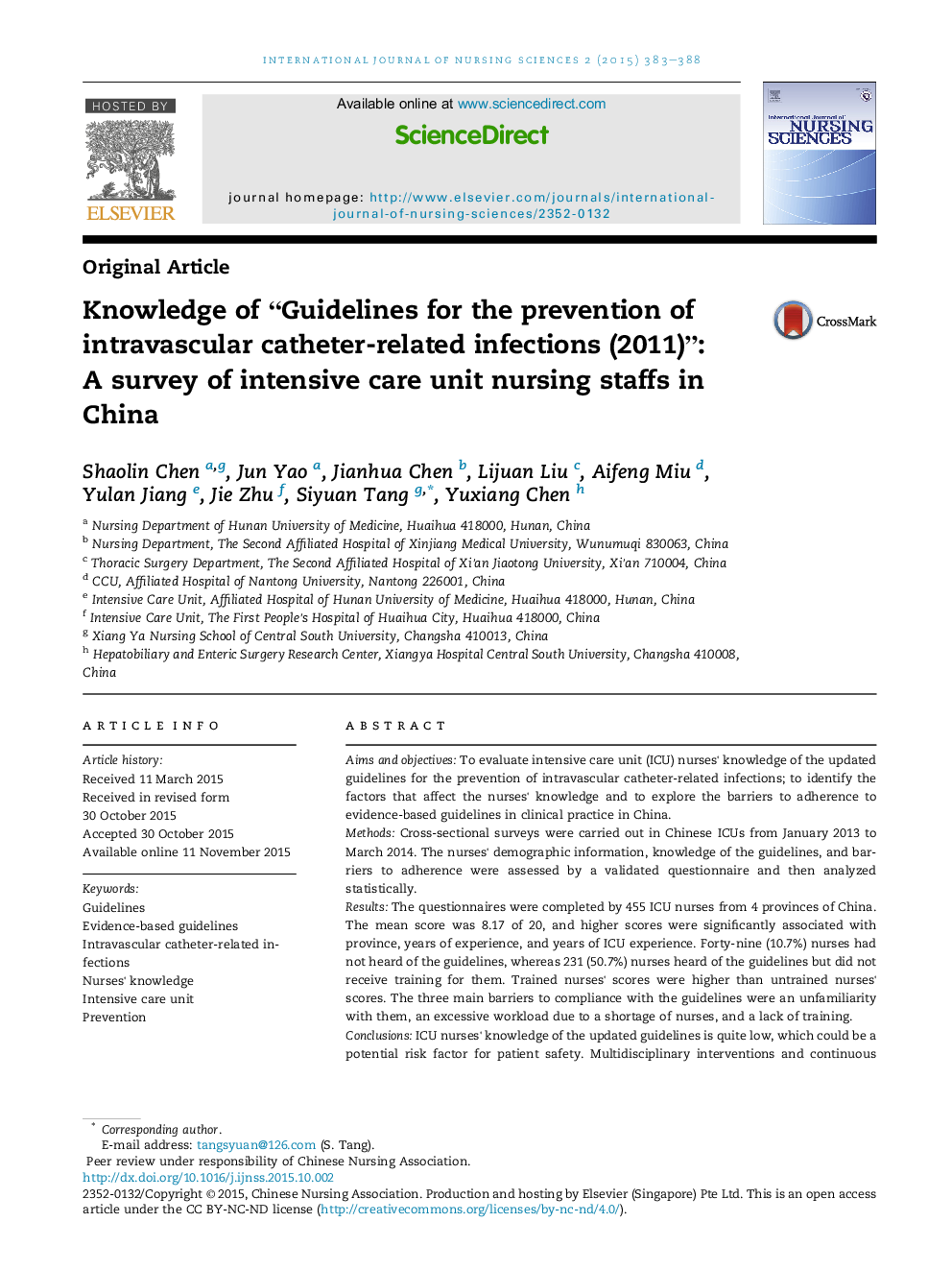 Knowledge of “Guidelines for the prevention of intravascular catheter-related infections (2011)”: A survey of intensive care unit nursing staffs in China 