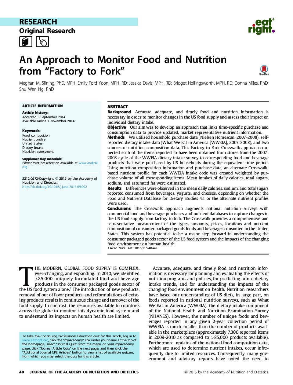 An Approach to Monitor Food and Nutrition from “Factory to Fork” 