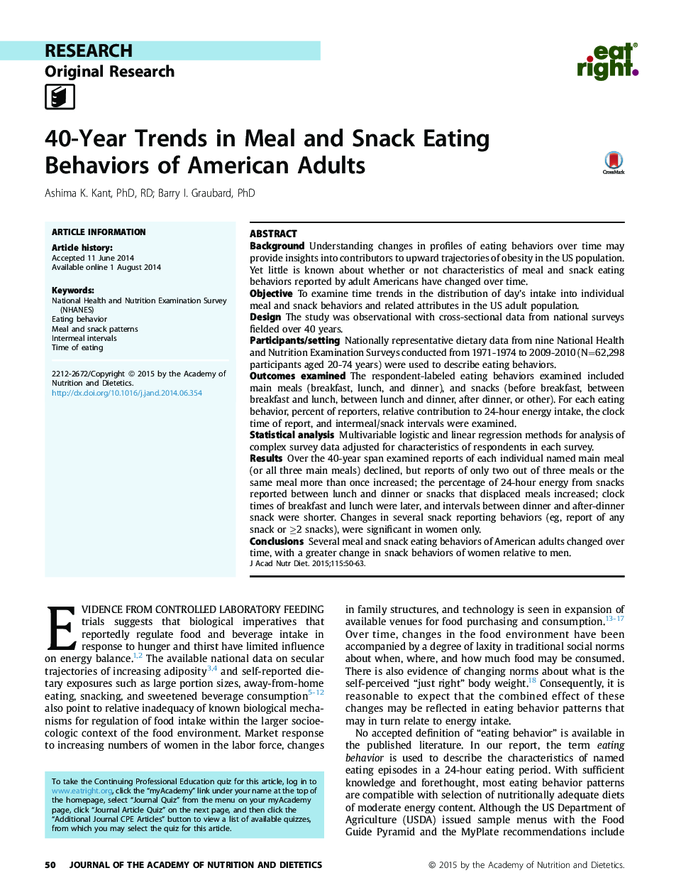 روند 40 ساله در رفتارهای خوردن غذا و اسنک بزرگسالان آمریکایی