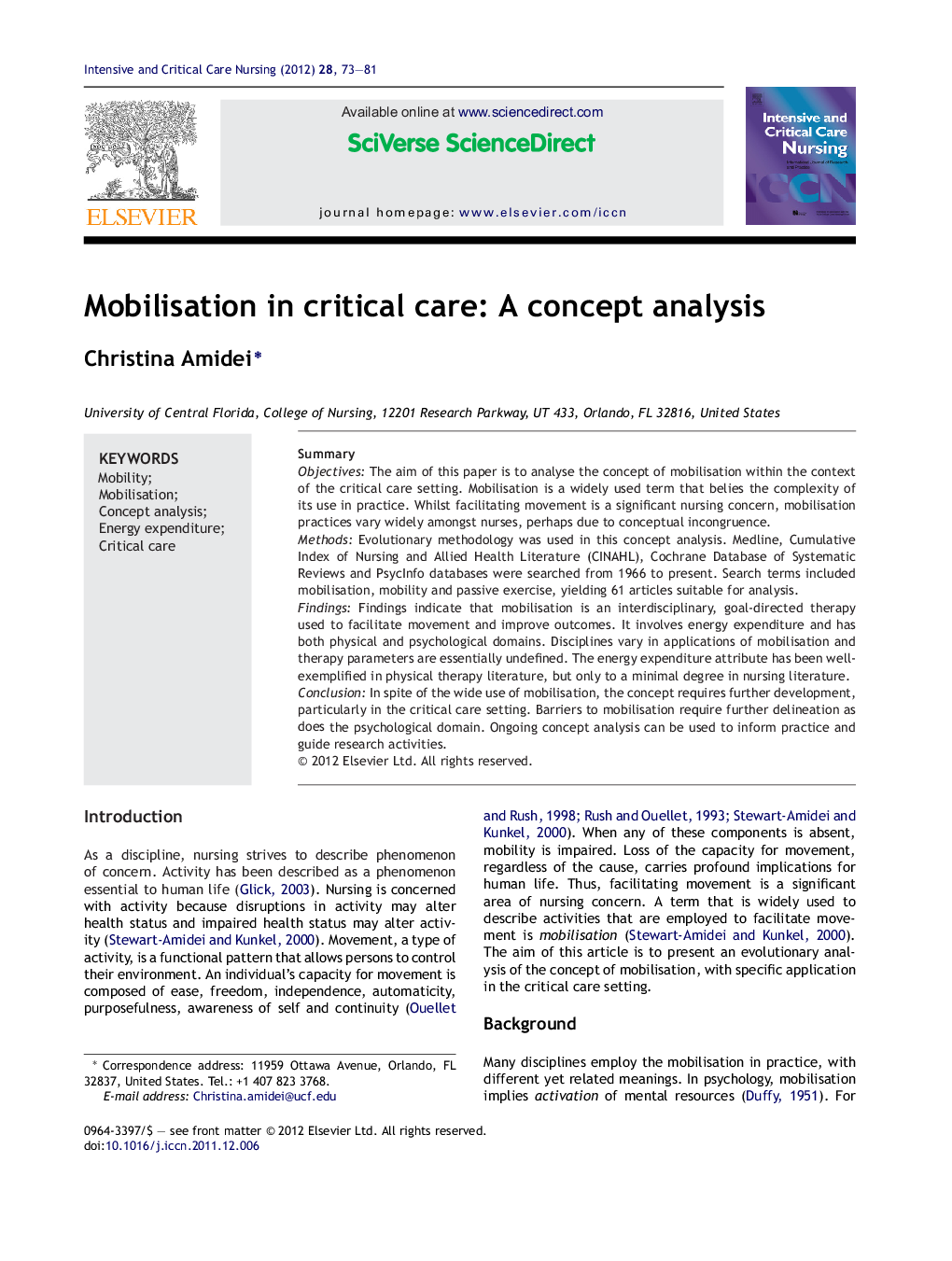 Mobilisation in critical care: A concept analysis