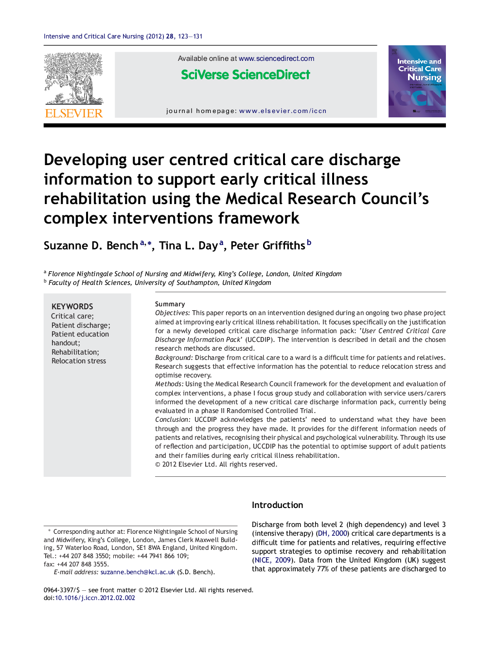 Developing user centred critical care discharge information to support early critical illness rehabilitation using the Medical Research Council's complex interventions framework