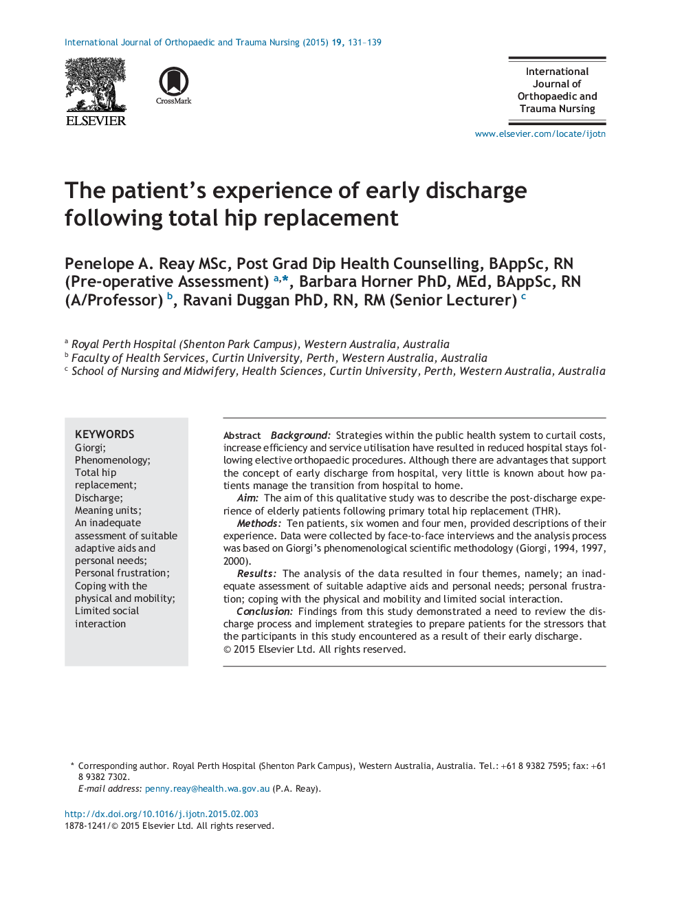 The patient's experience of early discharge following total hip replacement