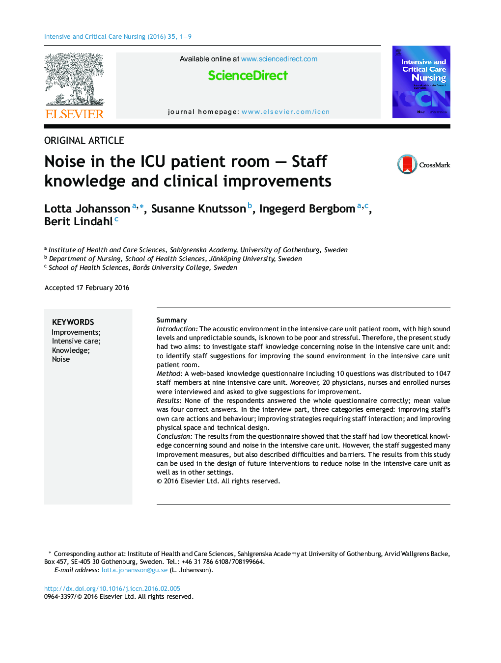 Noise in the ICU patient room – Staff knowledge and clinical improvements