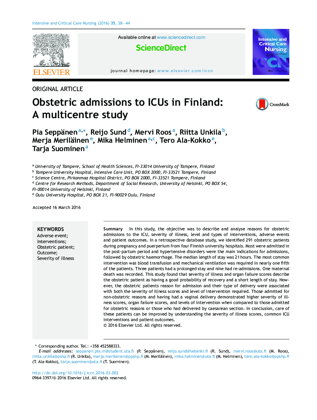 Obstetric admissions to ICUs in Finland: A multicentre study