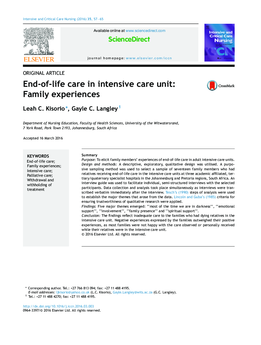 مراقبت پایان عمر در بخش مراقبت های ویژه: تجارب خانوادگی