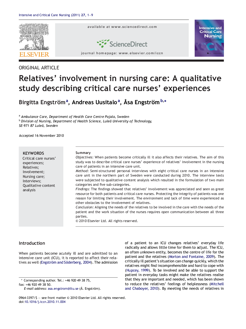 Relatives’ involvement in nursing care: A qualitative study describing critical care nurses’ experiences