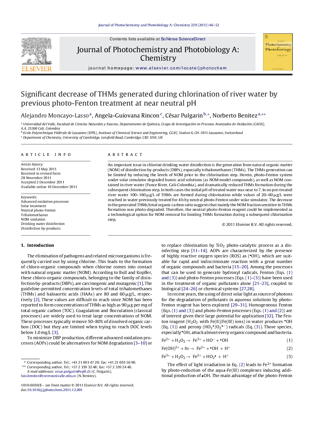 Significant decrease of THMs generated during chlorination of river water by previous photo-Fenton treatment at near neutral pH