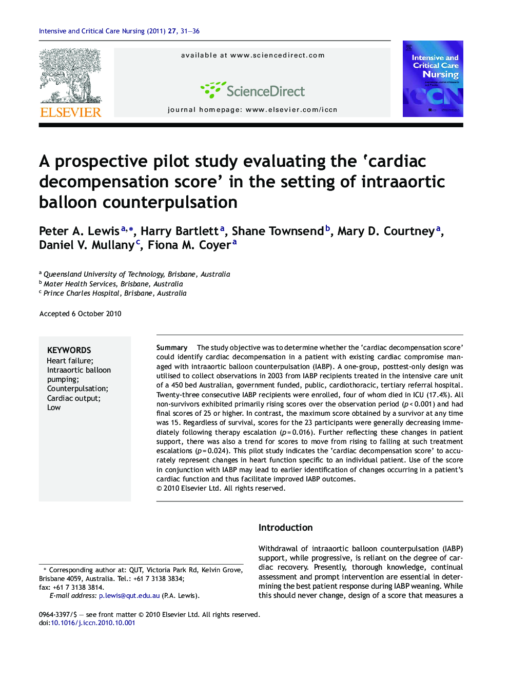 A prospective pilot study evaluating the ‘cardiac decompensation score’ in the setting of intraaortic balloon counterpulsation