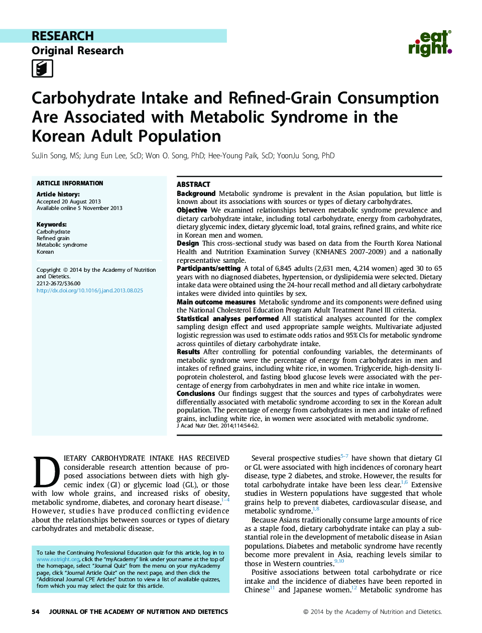 Carbohydrate Intake and Refined-Grain Consumption Are Associated with Metabolic Syndrome in the Korean Adult Population 