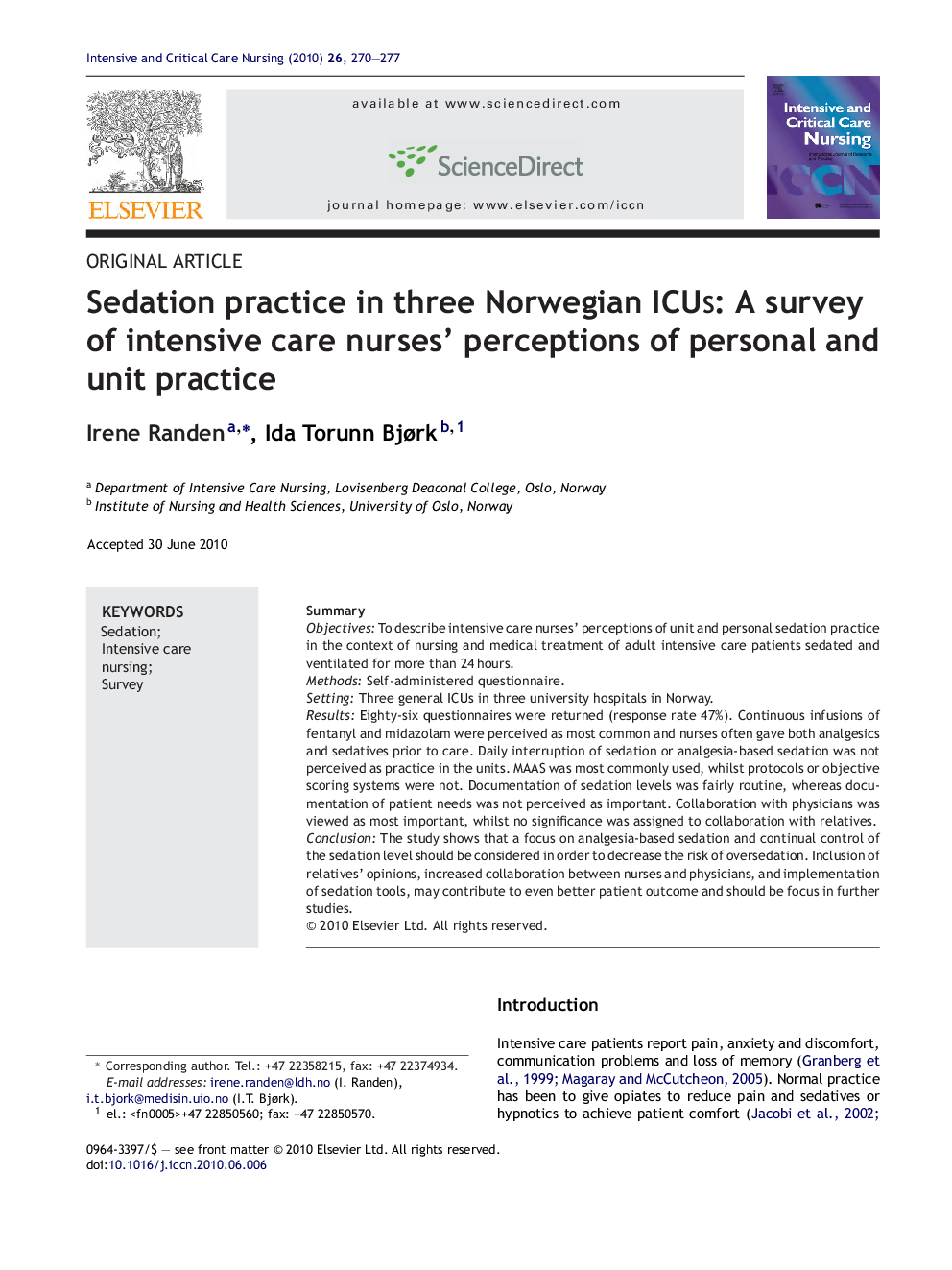 Sedation practice in three Norwegian ICUs: A survey of intensive care nurses’ perceptions of personal and unit practice