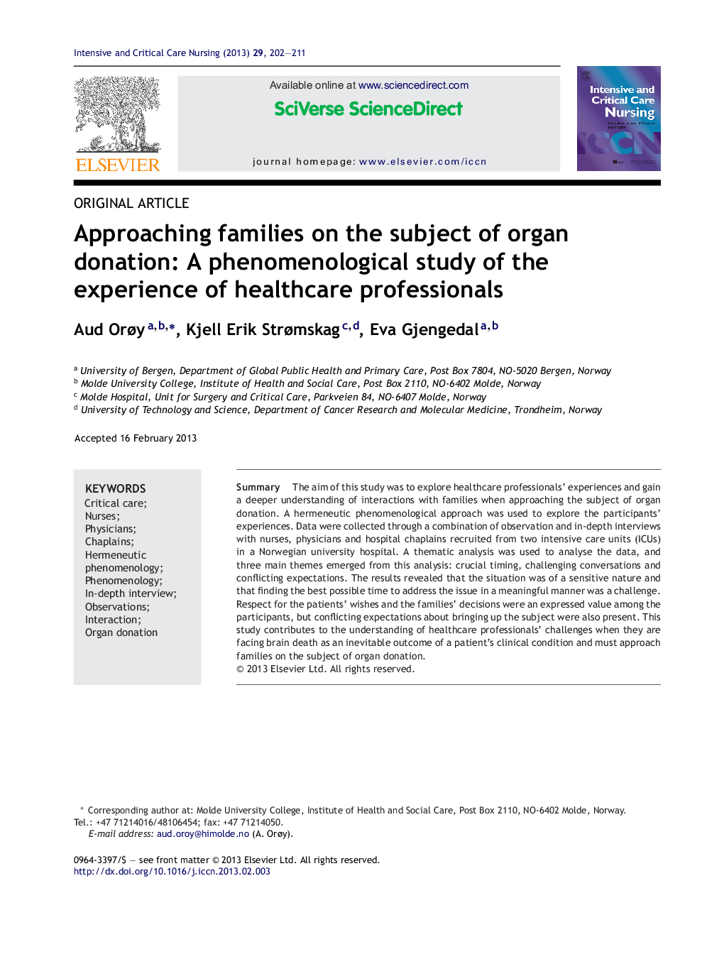 Approaching families on the subject of organ donation: A phenomenological study of the experience of healthcare professionals