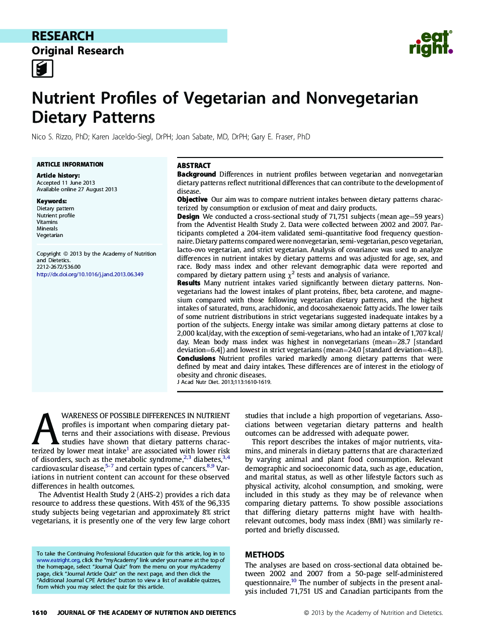 Nutrient Profiles of Vegetarian and Nonvegetarian Dietary Patterns 
