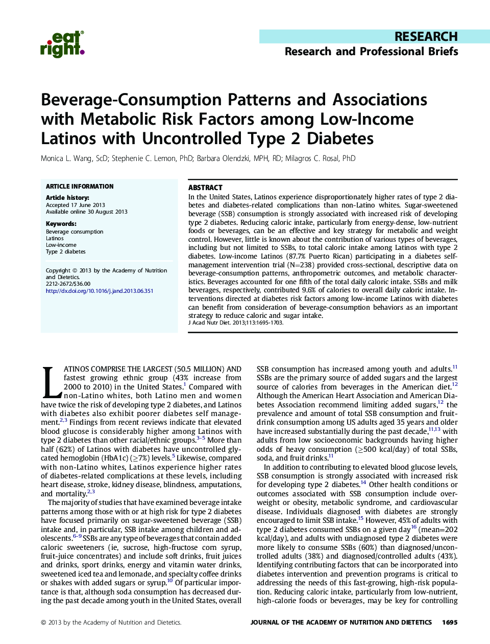 Beverage-Consumption Patterns and Associations with Metabolic Risk Factors among Low-Income Latinos with Uncontrolled Type 2 Diabetes 