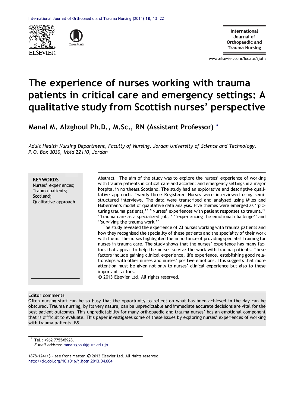 تجربه پرستاران از بیماران مبتلا به تروما در مراقبت های ویژه و مراکز اورژانس: یک مطالعه کیفی از منظر پرستاران اسکاتلندی
