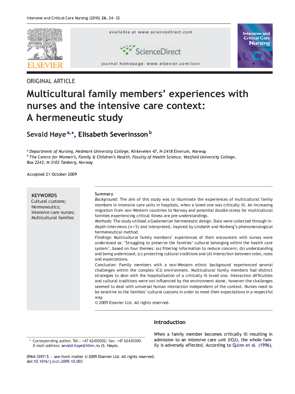 Multicultural family members’ experiences with nurses and the intensive care context: A hermeneutic study