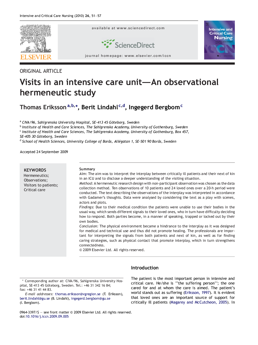 Visits in an intensive care unit—An observational hermeneutic study