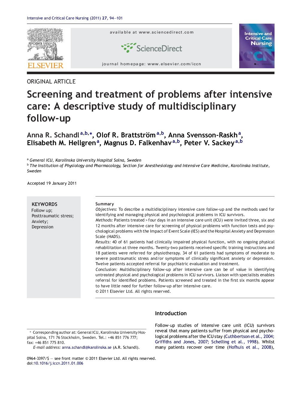 Screening and treatment of problems after intensive care: A descriptive study of multidisciplinary follow-up