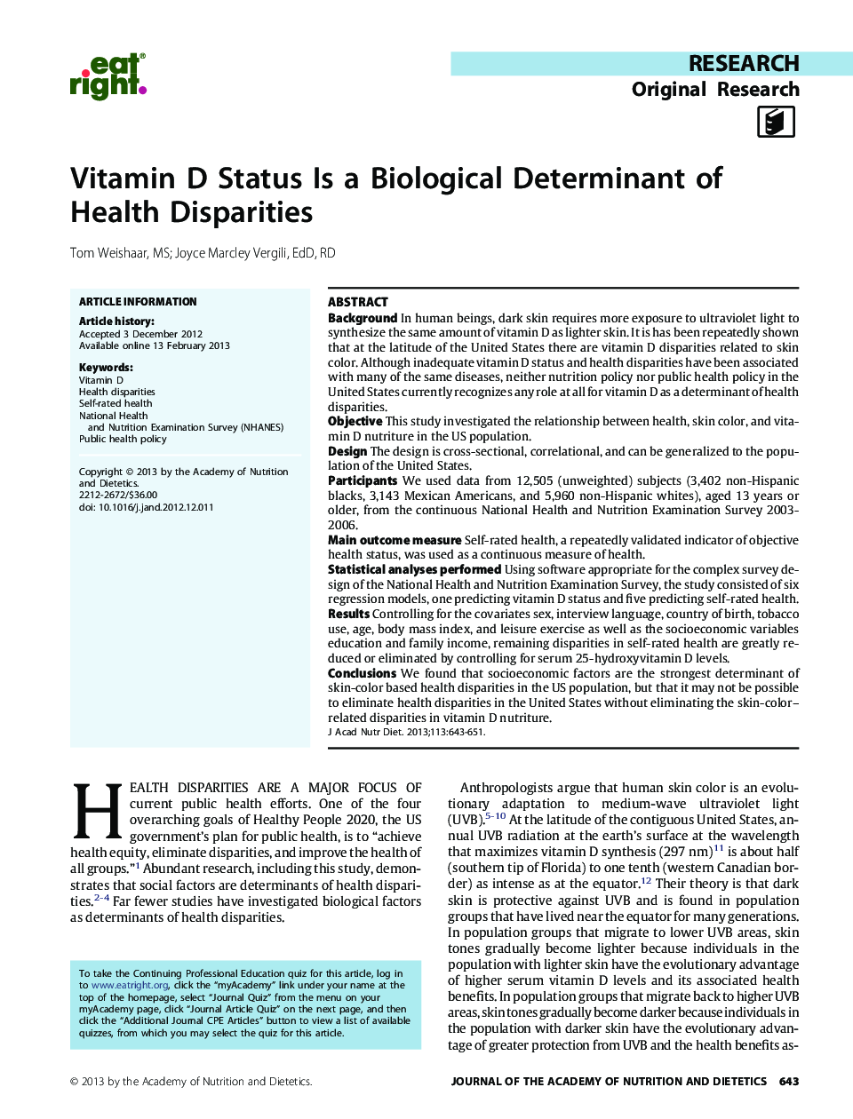 Vitamin D Status Is a Biological Determinant of Health Disparities 