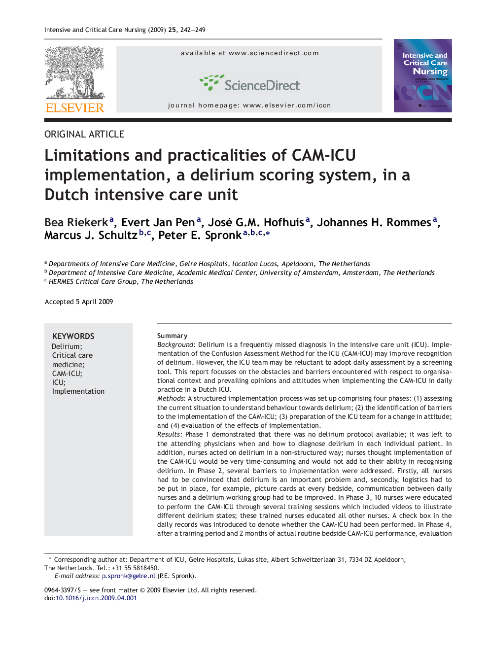 Limitations and practicalities of CAM-ICU implementation, a delirium scoring system, in a Dutch intensive care unit