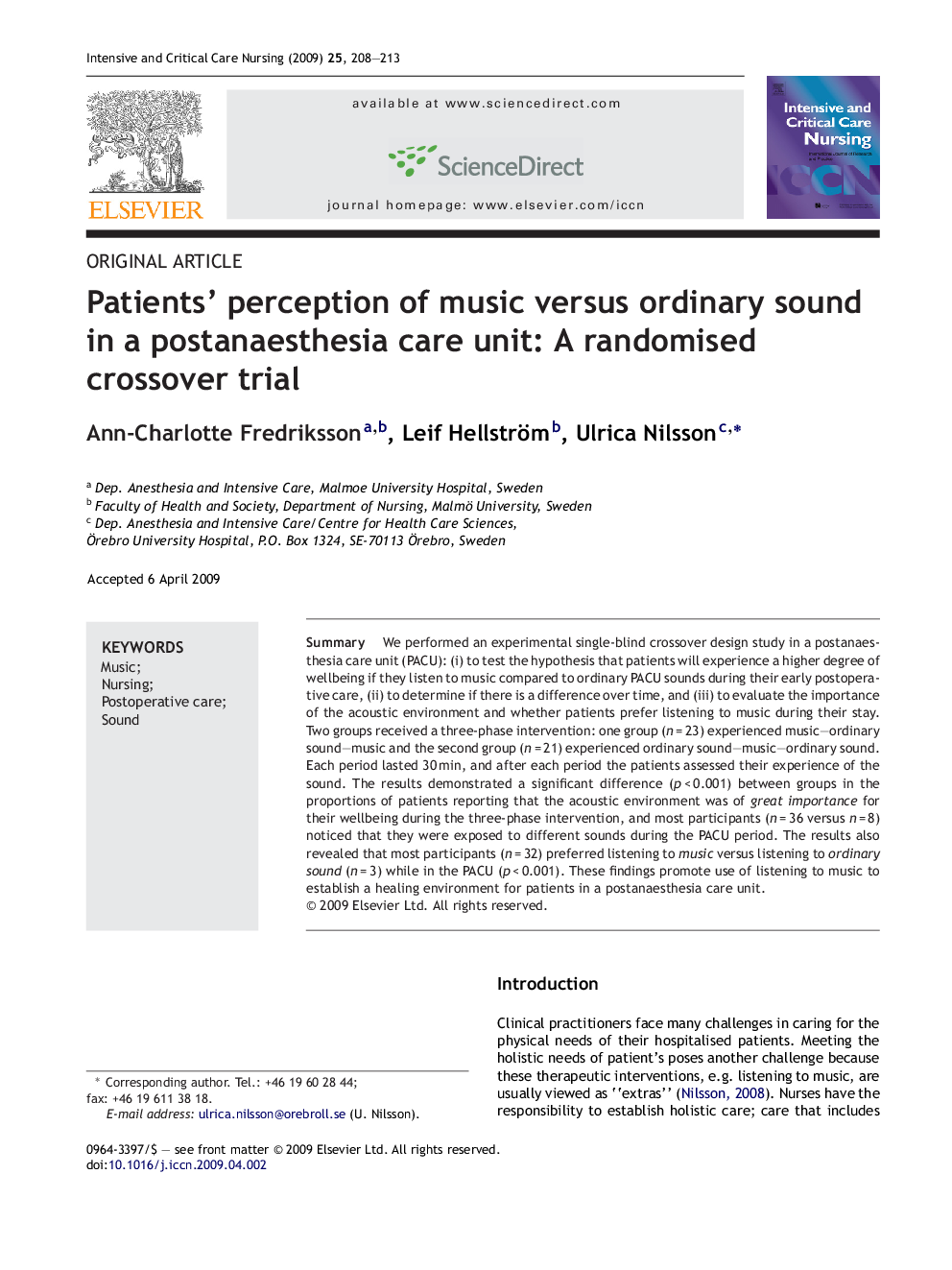 Patients’ perception of music versus ordinary sound in a postanaesthesia care unit: A randomised crossover trial