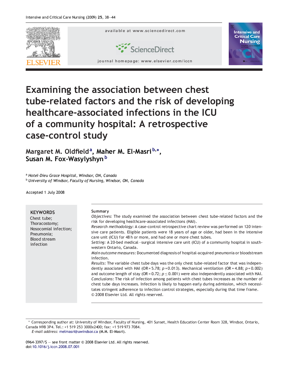 Examining the association between chest tube-related factors and the risk of developing healthcare-associated infections in the ICU of a community hospital: A retrospective case-control study