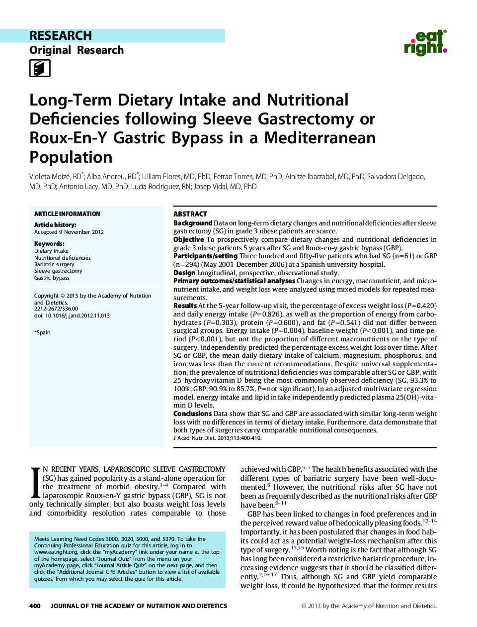 Long-Term Dietary Intake and Nutritional Deficiencies following Sleeve Gastrectomy or Roux-En-Y Gastric Bypass in a Mediterranean Population 