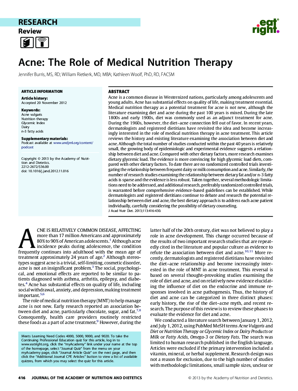 Acne: The Role of Medical Nutrition Therapy 