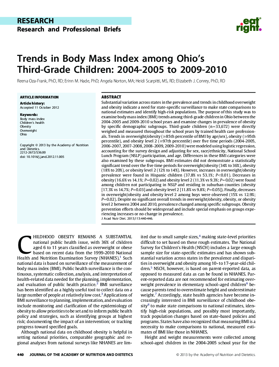 Trends in Body Mass Index among Ohio's Third-Grade Children: 2004-2005 to 2009-2010 