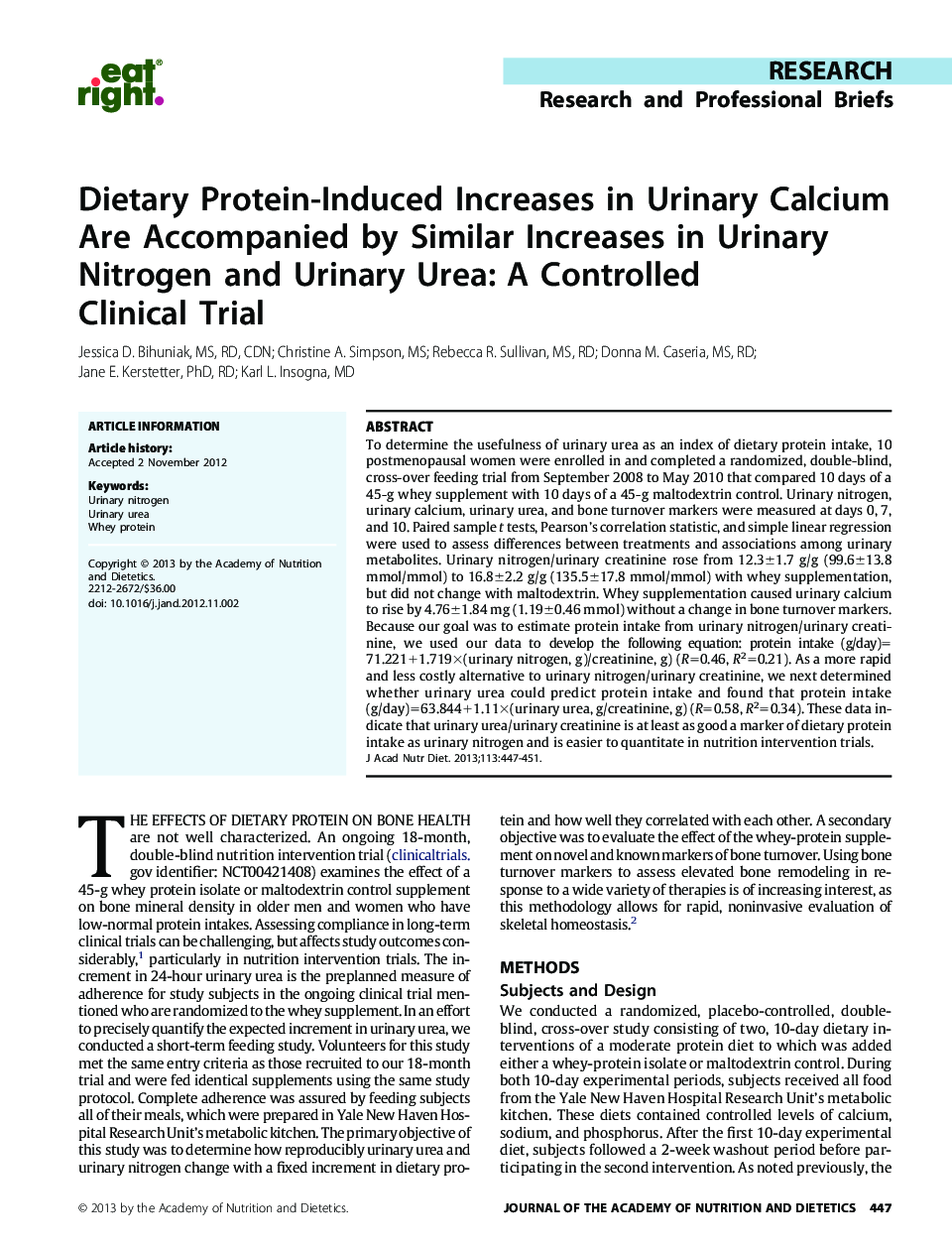 Dietary Protein-Induced Increases in Urinary Calcium Are Accompanied by Similar Increases in Urinary Nitrogen and Urinary Urea: A Controlled Clinical Trial 