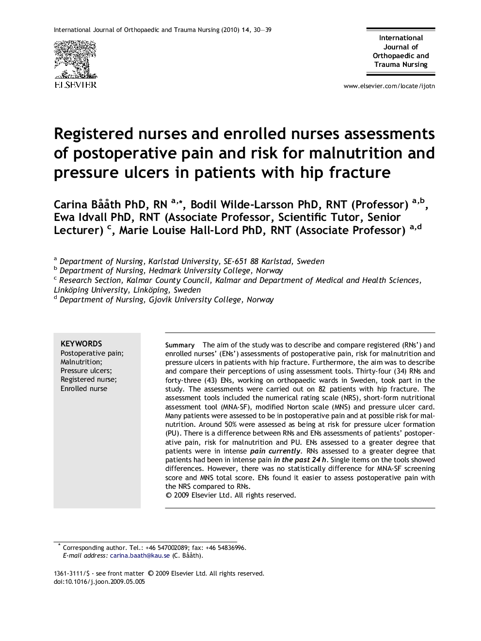 Registered nurses and enrolled nurses assessments of postoperative pain and risk for malnutrition and pressure ulcers in patients with hip fracture