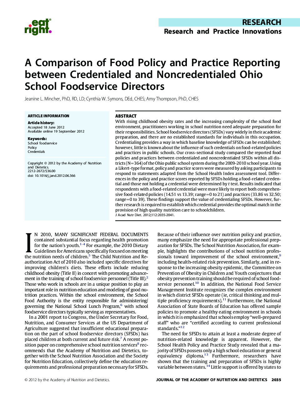 A Comparison of Food Policy and Practice Reporting between Credentialed and Noncredentialed Ohio School Foodservice Directors 