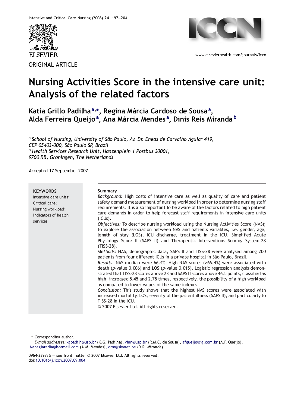 Nursing Activities Score in the intensive care unit: Analysis of the related factors