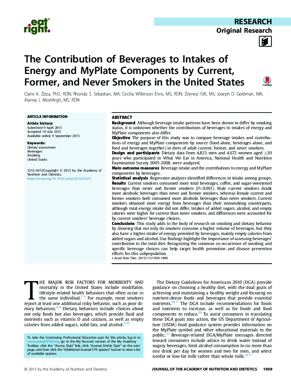 The Contribution of Beverages to Intakes of Energy and MyPlate Components by Current, Former, and Never Smokers in the United States 