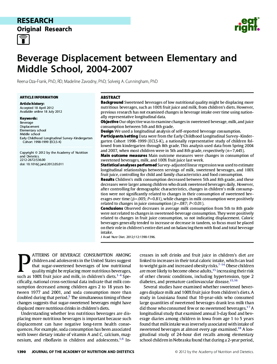 Beverage Displacement between Elementary and Middle School, 2004-2007 