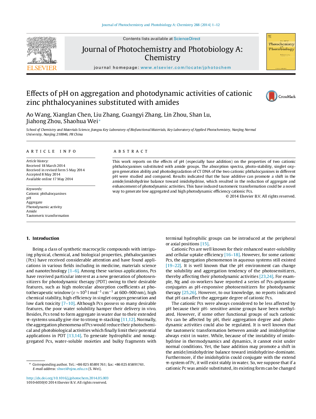 Effects of pH on aggregation and photodynamic activities of cationic zinc phthalocyanines substituted with amides