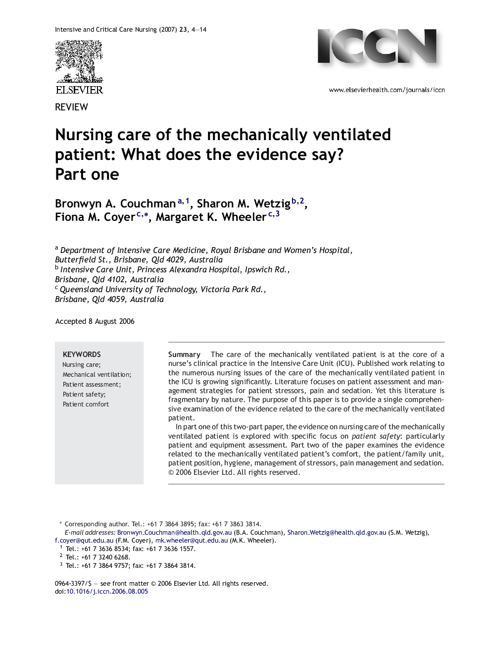 Nursing care of the mechanically ventilated patient: What does the evidence say?: Part one