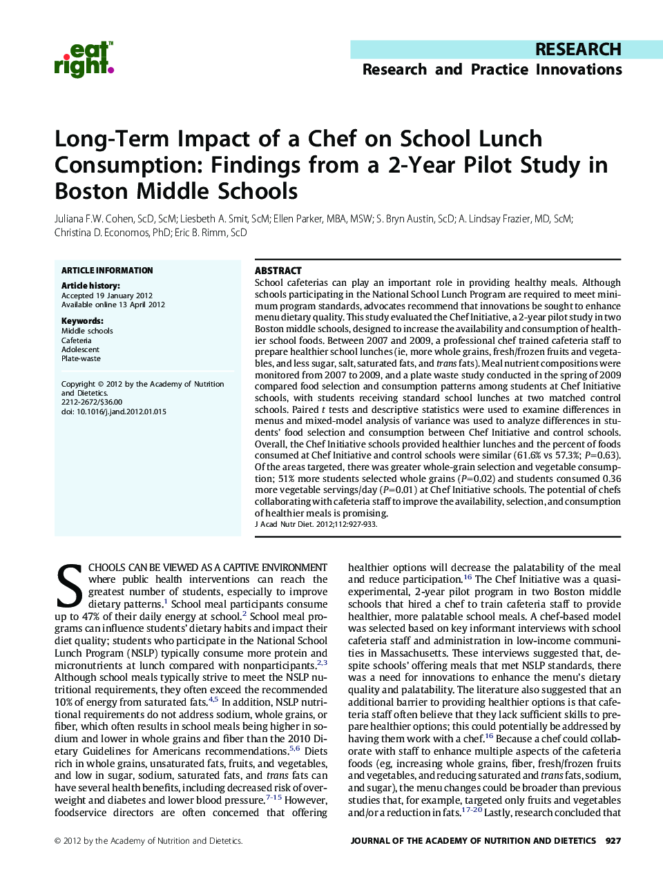 Long-Term Impact of a Chef on School Lunch Consumption: Findings from a 2-Year Pilot Study in Boston Middle Schools 