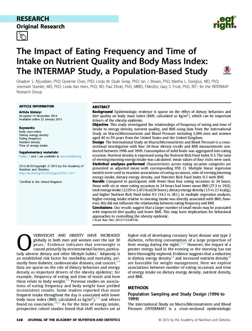 The Impact of Eating Frequency and Time of Intake on Nutrient Quality and Body Mass Index: The INTERMAP Study, a Population-Based Study