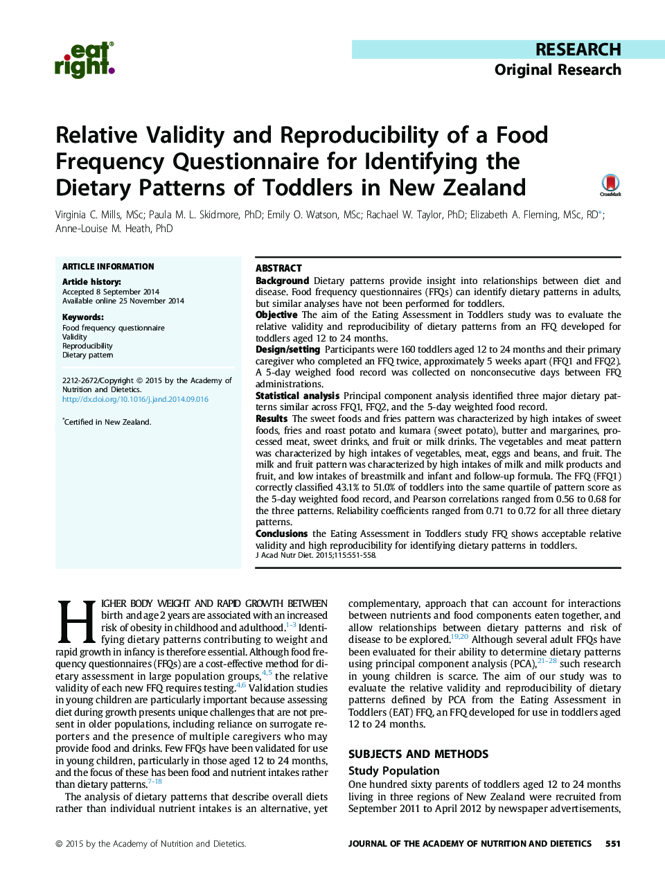 اعتبار نسبی و تکرار پذیری یک پرسشنامه فراوانی غذایی برای شناسایی الگوهای غذایی کودکان نوپا در نیوزیلند