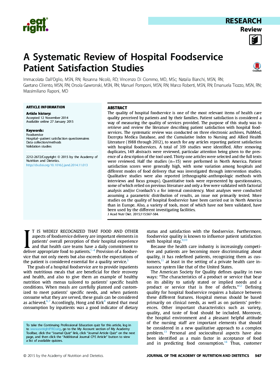 بررسی سیستماتیک از مطالعات رضایتمندی بیمار از سرویس غذای بیمارستانی  