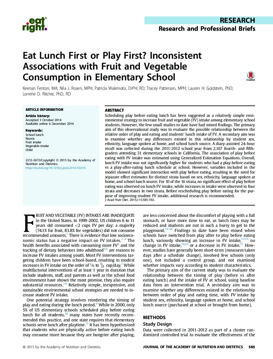 اول ناهار بخورید یا بازی کنید؟ ارتباطات متداول با مصرف میوه و سبزی در مدرسه ابتدایی