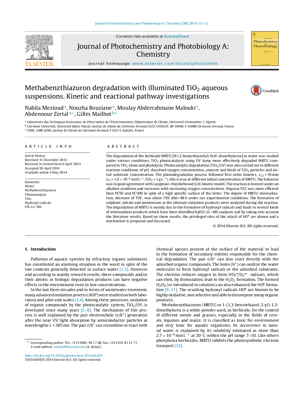 Methabenzthiazuron degradation with illuminated TiO2 aqueous suspensions. Kinetic and reactional pathway investigations