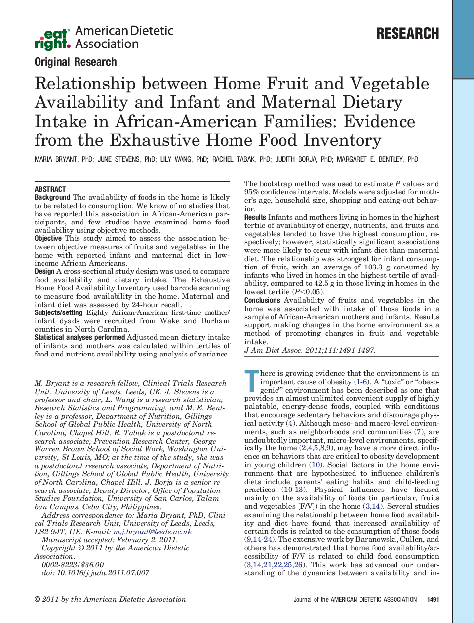 Relationship between Home Fruit and Vegetable Availability and Infant and Maternal Dietary Intake in African-American Families: Evidence from the Exhaustive Home Food Inventory