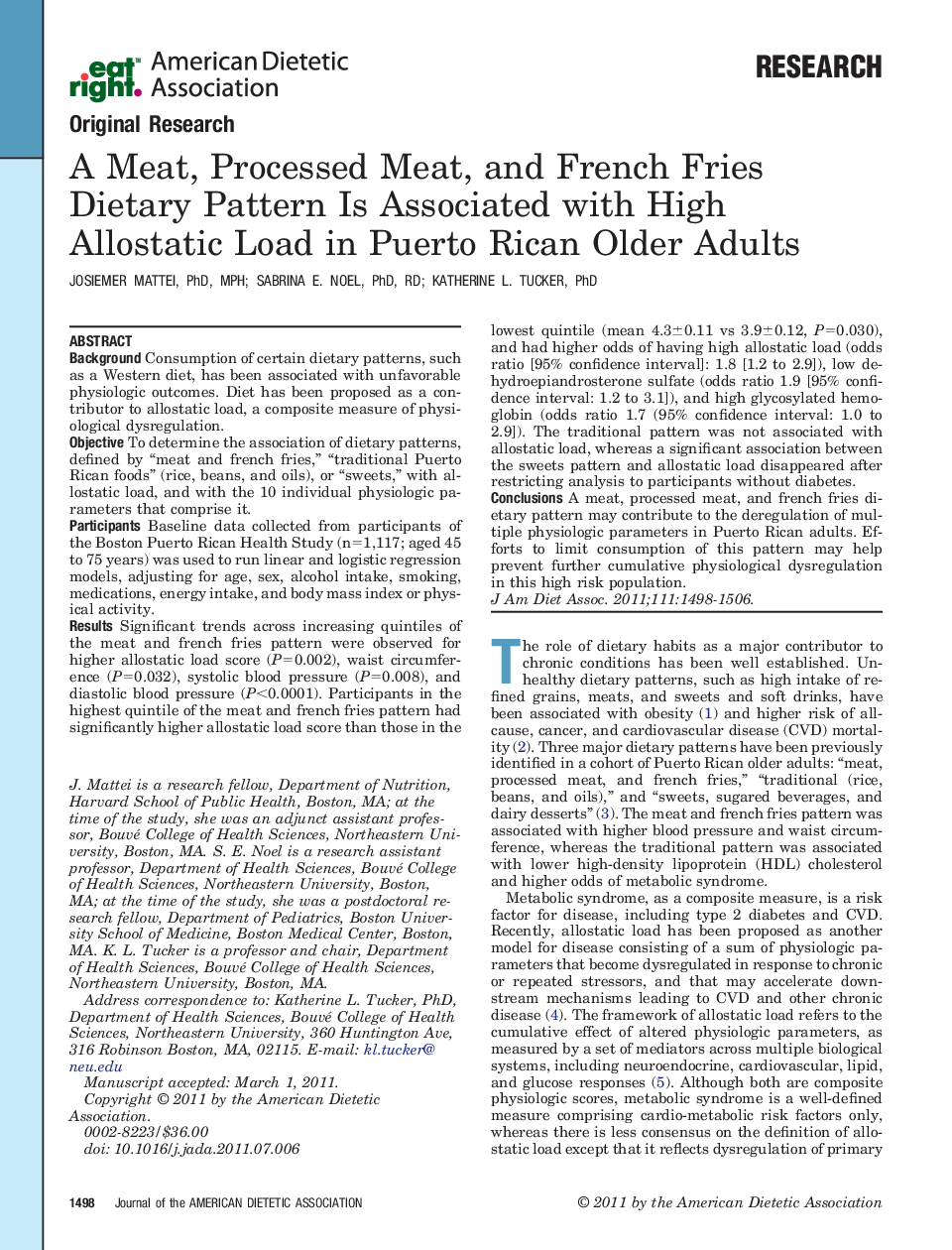 A Meat, Processed Meat, and French Fries Dietary Pattern Is Associated with High Allostatic Load in Puerto Rican Older Adults