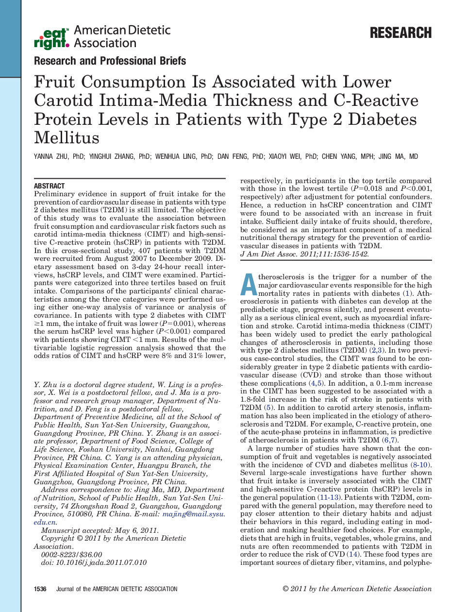 Fruit Consumption Is Associated with Lower Carotid Intima-Media Thickness and C-Reactive Protein Levels in Patients with Type 2 Diabetes Mellitus