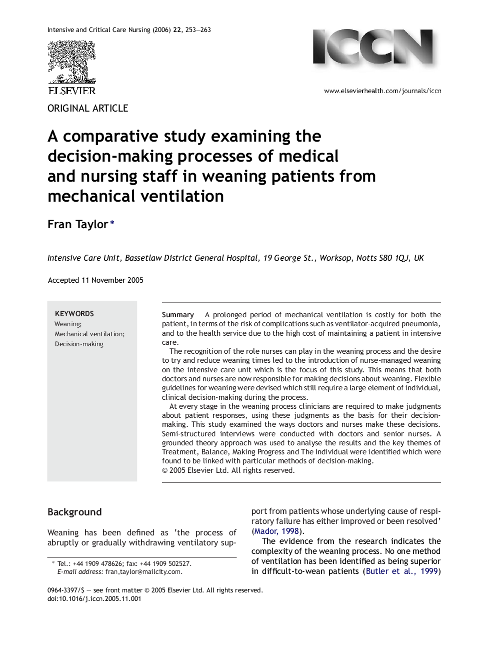 A comparative study examining the decision-making processes of medical and nursing staff in weaning patients from mechanical ventilation