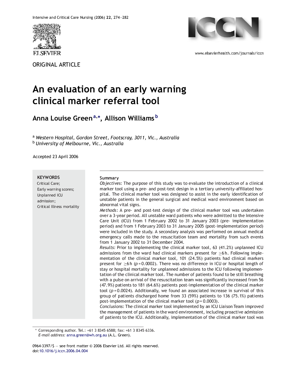 An evaluation of an early warning clinical marker referral tool