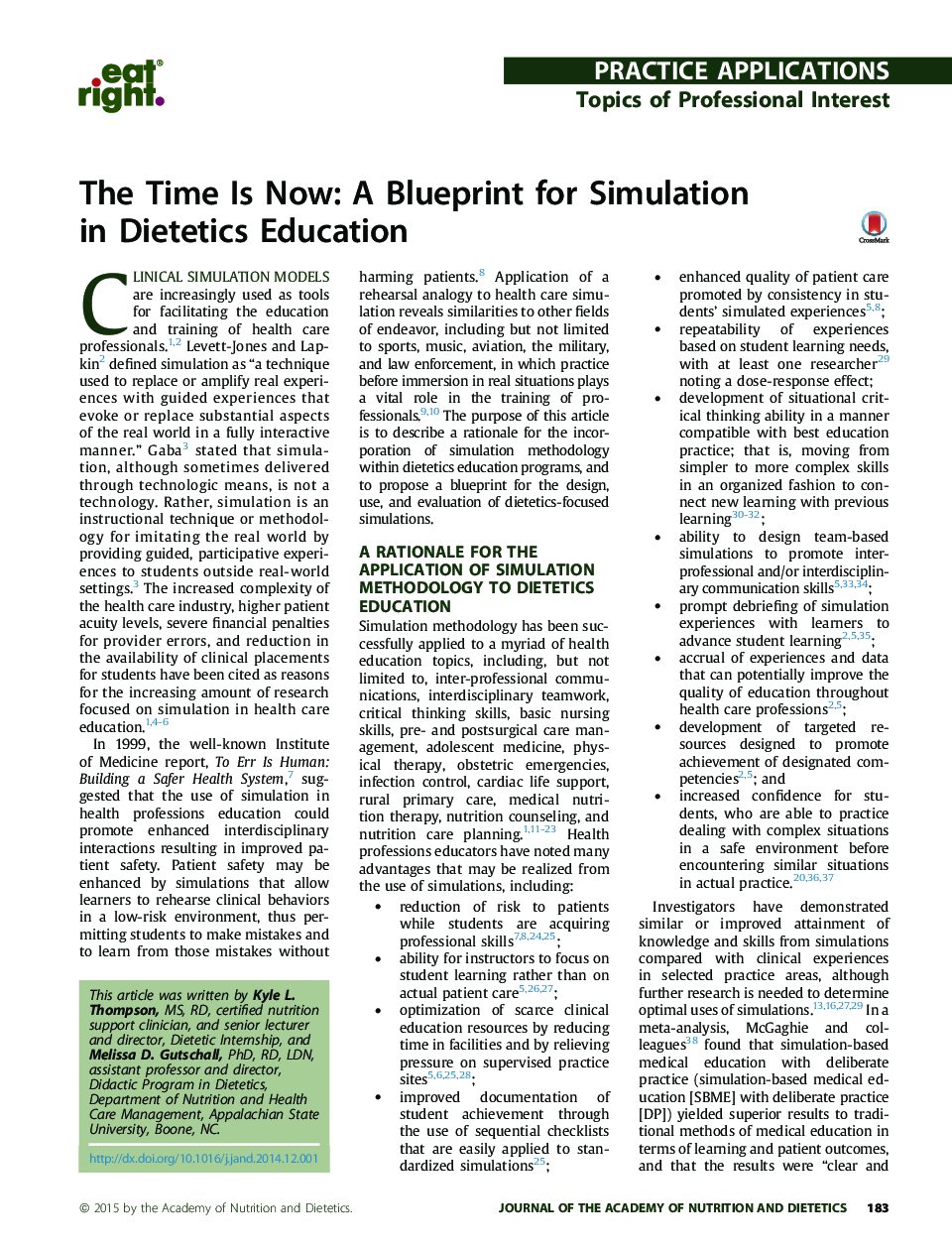 The Time Is Now: A Blueprint for Simulation inÂ Dietetics Education