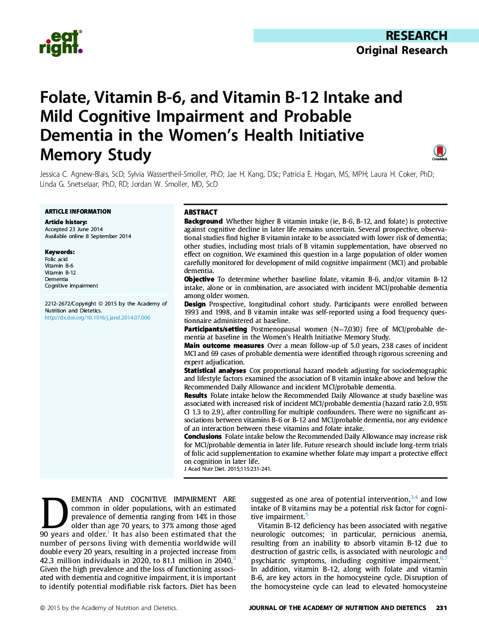 Folate, Vitamin B-6, and Vitamin B-12 Intake and Mild Cognitive Impairment and Probable Dementia in the Women’s Health Initiative Memory Study 