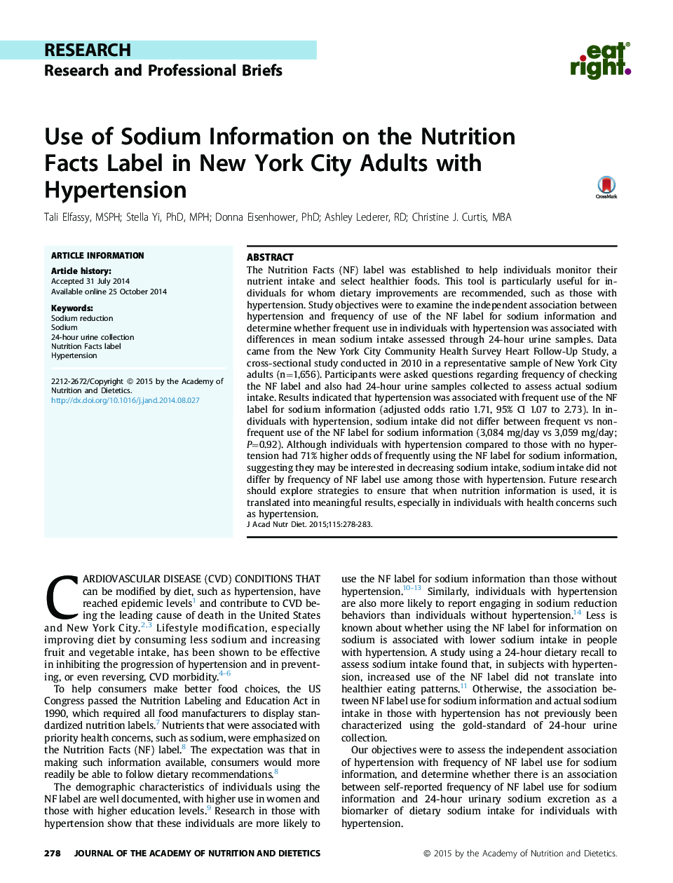 Use of Sodium Information on the Nutrition Facts Label in New York City Adults with Hypertension 